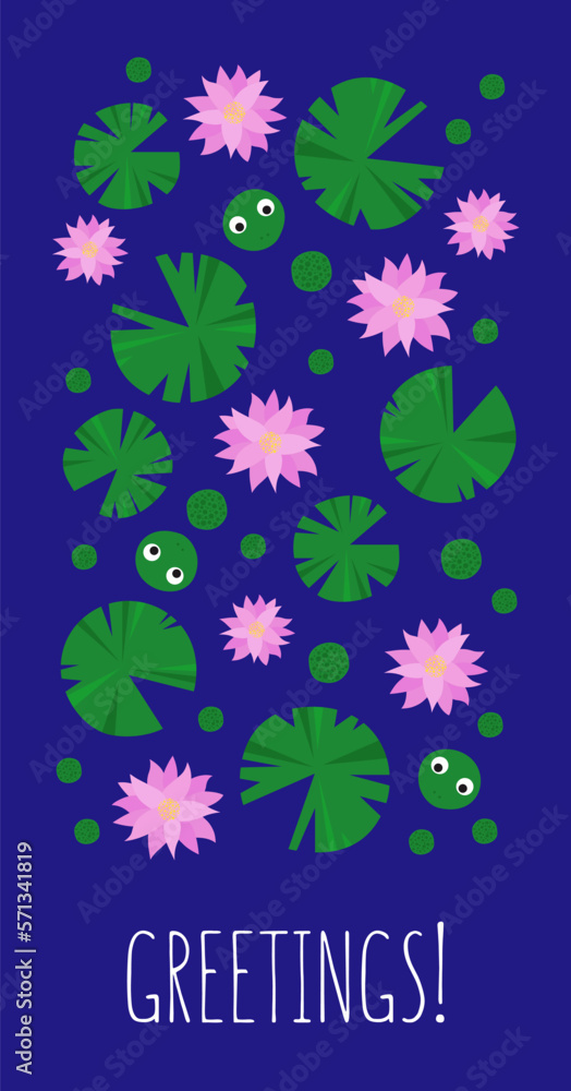 Obraz premium Greeting card. Illustration of the lotus flowers, leaves and frogs