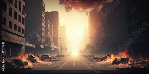 A burned city street with no life generative ai apocalyptic scene 