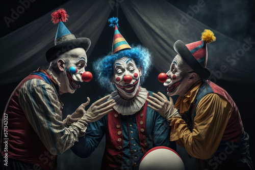 An image of three clowns playing tricks and pranks in the circus ring, purity and innocence of the circus. AI generated illustration. photo