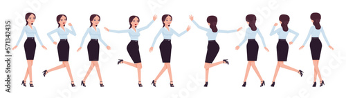 Attractive effective businesswoman set, different walk, run poses. Office girl, female manager in formal pencil skirt for work occasion. Vector flat style cartoon character isolated, white background