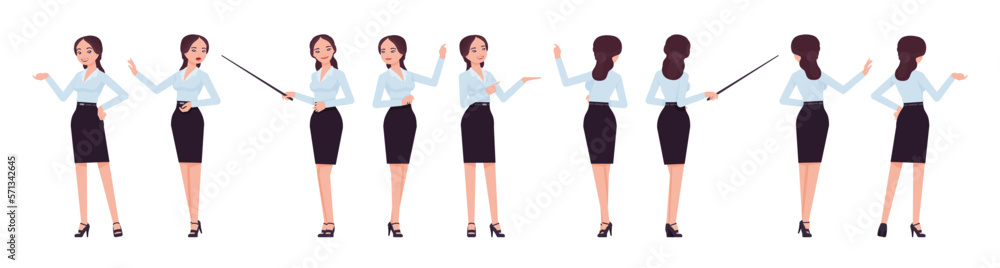 Attractive effective businesswoman set, point and show poses. Office girl, female manager in formal pencil skirt for work occasion. Vector flat style cartoon character isolated, white background Attractive effective businesswoman set, point and show poses. Office girl, female manager in formal pencil skirt for work occasion. Vector flat style cartoon character isolated, white background