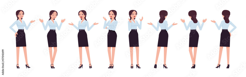 Attractive effective businesswoman set, talk, scream, chat poses. Office girl, female manager in formal pencil skirt for work occasion. Vector flat style cartoon character isolated, white background Attractive effective businesswoman set, talk, scream, chat poses. Office girl, female manager in formal pencil skirt for work occasion. Vector flat style cartoon character isolated, white background