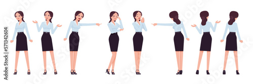 Attractive effective businesswoman set, negative emotions, poses. Office girl, female manager in formal pencil skirt for work occasion. Vector flat style cartoon character isolated, white background