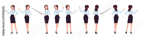Attractive effective businesswoman set, point and show poses. Office girl, female manager in formal pencil skirt for work occasion. Vector flat style cartoon character isolated, white background