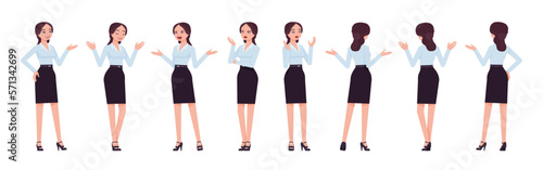 Attractive effective businesswoman set, talk, scream, chat poses. Office girl, female manager in formal pencil skirt for work occasion. Vector flat style cartoon character isolated, white background