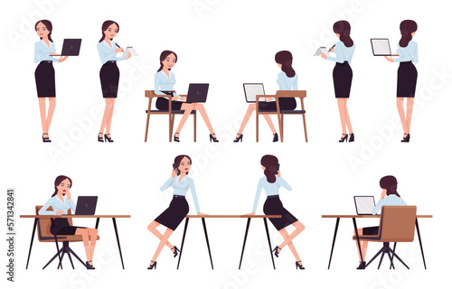 Attractive effective businesswoman set, busy situations, active poses. Office girl, female manager in formal pencil skirt, work occasion. Vector flat style cartoon character isolated, white background