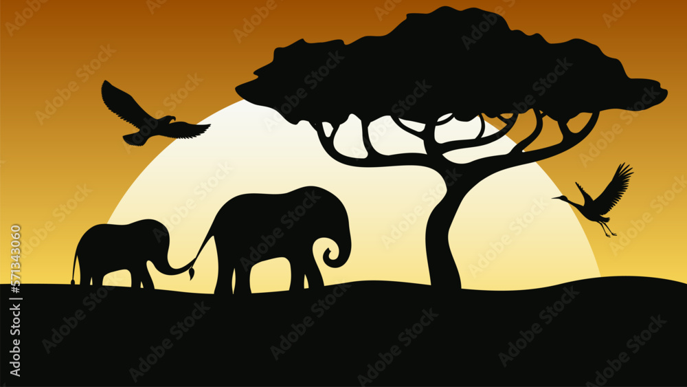 black silhouettes of wild animals and tree at sunset