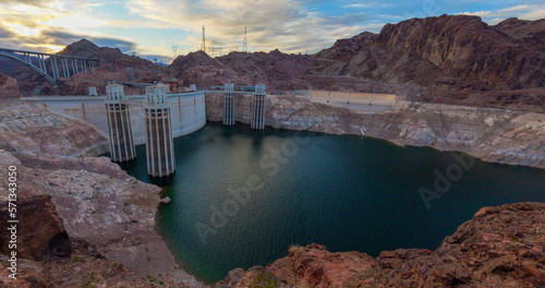 Hoover Dam with record low water level, shot in Feb 2023