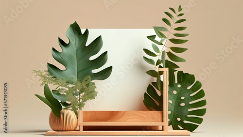 wooden podium, with plants around on a white background, 3D, photography, base for products