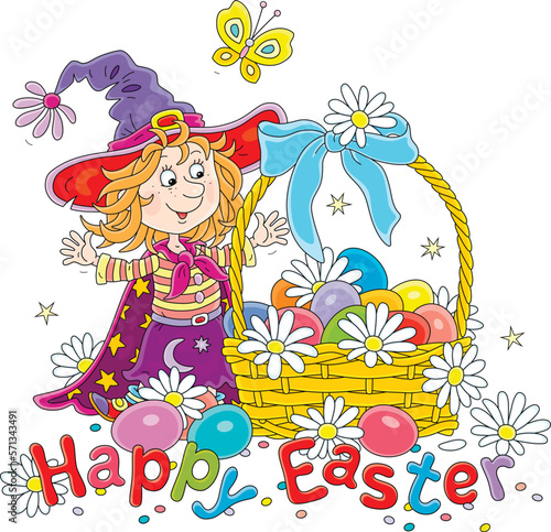 Easter card with a happy little fairy and a wicker basket of colorfully painted gift eggs with spring flowers, a merry fluttering butterfly and a blue bow, vector cartoon illustration on white