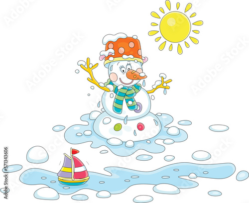 Slika na platnu Funny snowman with a spotted kitchen pan, a carrot and a striped scarf thawing i
