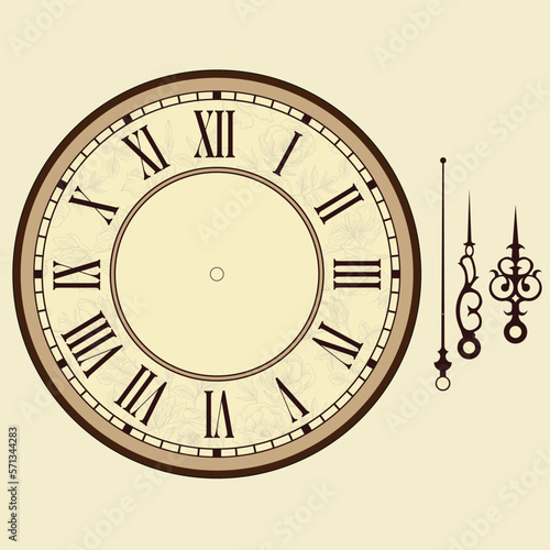 Vintage clock with Roman numerals isolated on brown background. Brown antique clock with arrows and Roman clock face. Vector