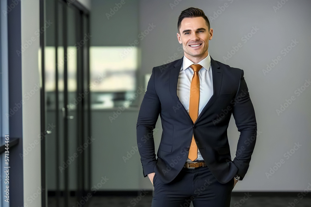 Successful Young Businessman Smiling with Confidence in a Modern Corporate Office - Adobe Stock Image for Entrepreneurs, Executives and Companies. Successful Young Businessman Smiling with Confidence in a Modern Corporate Office - Adobe Stock Image for Entrepreneurs, Executives and Companies.