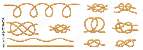 Marine rope knots. Vector illustration of jute patterns isolated on white. Antique cords of various shapes. Seamless brown ropes