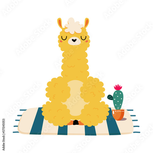 Cute funny baby alpaca meditating in lotus position. Adorable animal practicing yoga exercise cartoon vector illustration