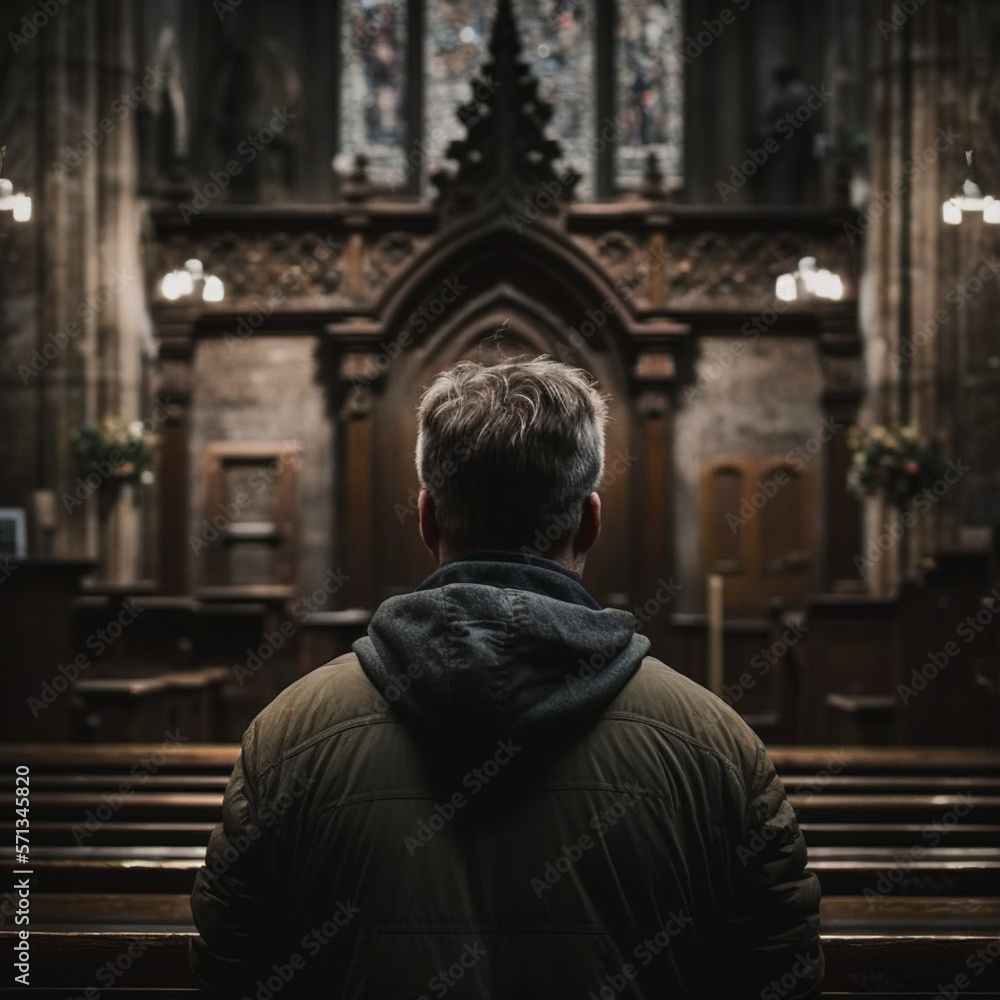 Back view of a man in the church. Generative AI. Back view of a man in the church. Generative AI.