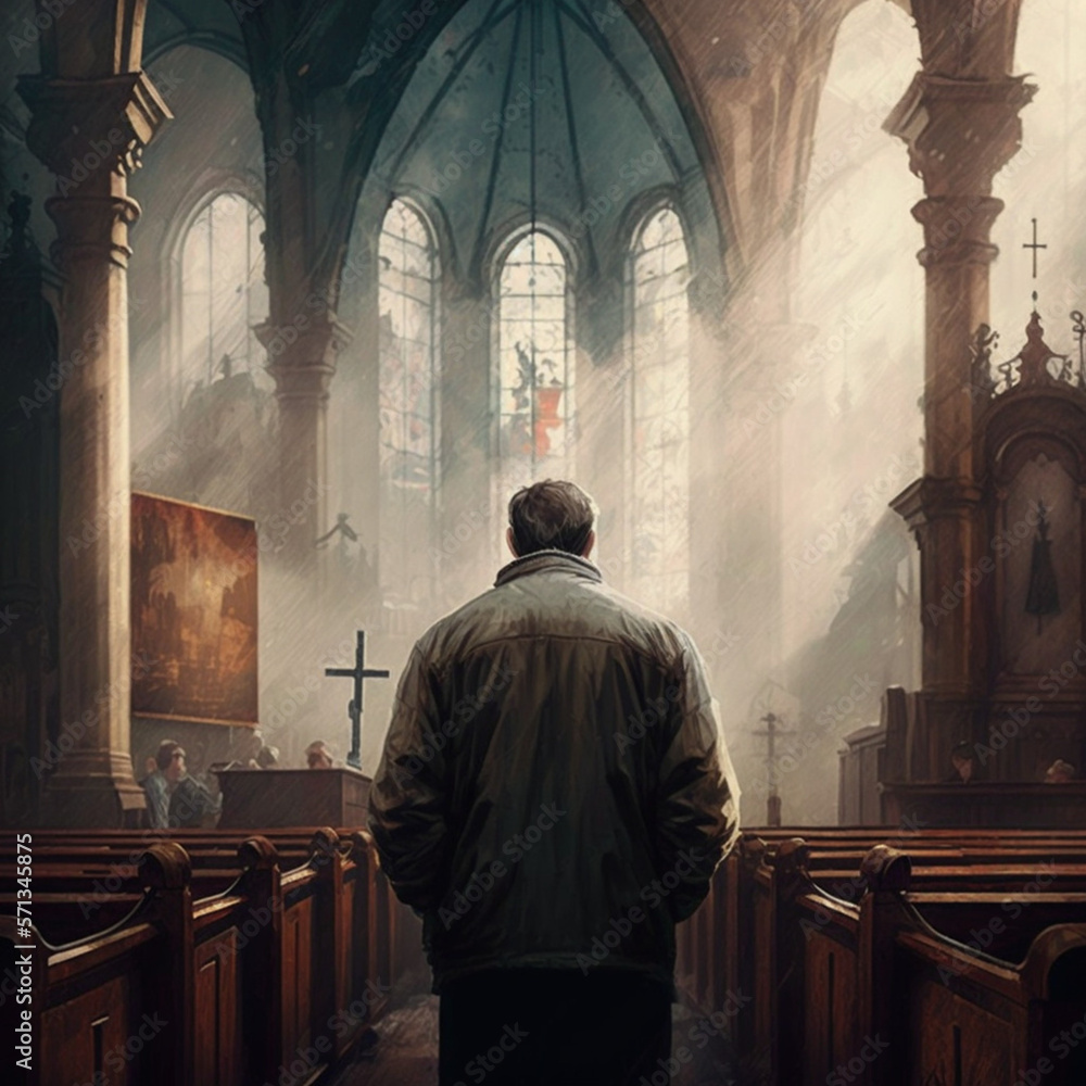 Back view of a man in the church. Generative AI. Back view of a man in the church. Generative AI.