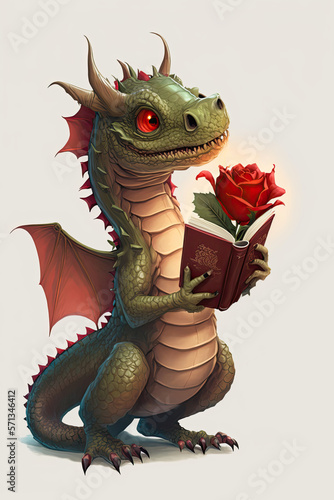 illustration Cute Dragon with a Rose and a Book, Sant Jordi, generative AI © Jordi Mora