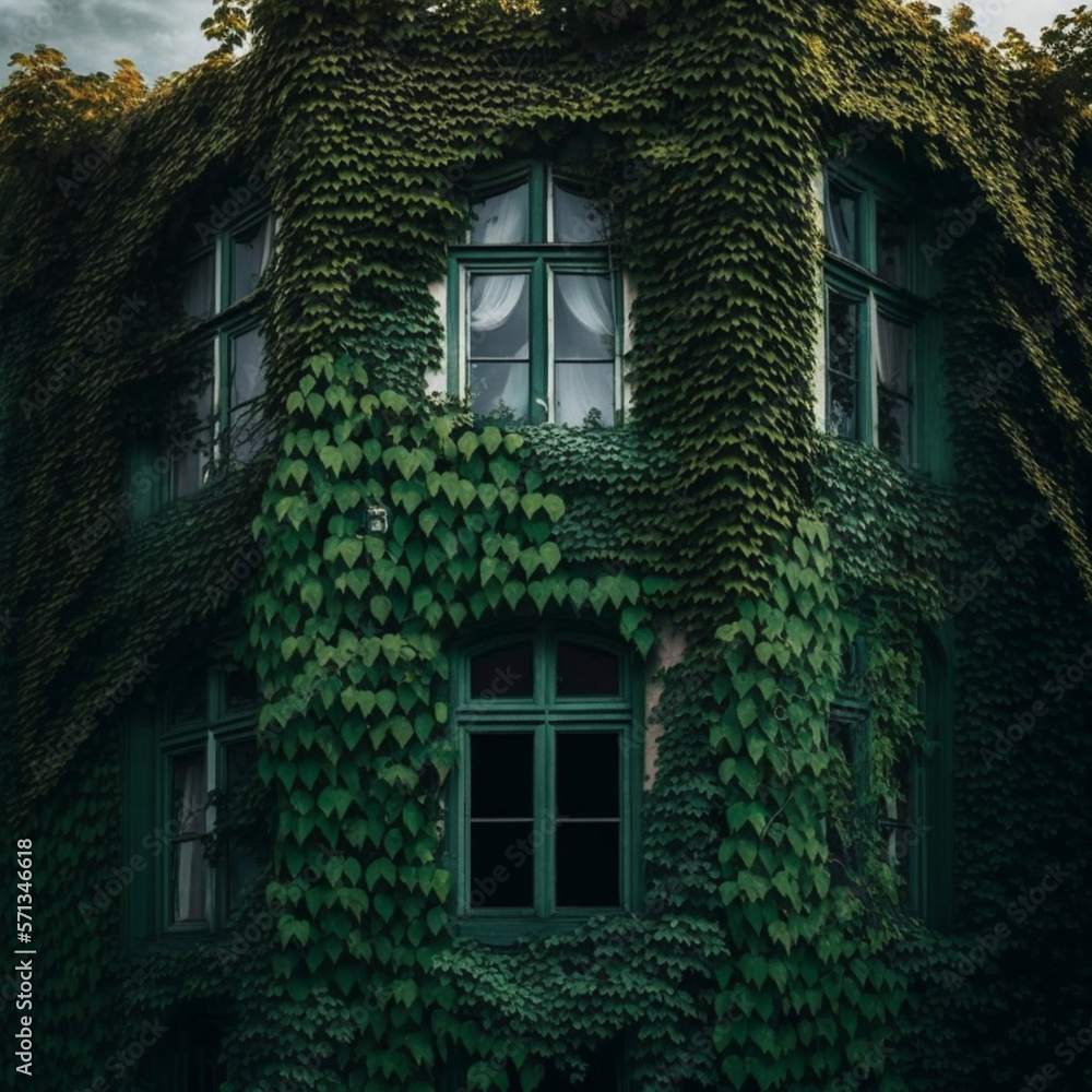 Facade of a building full of plants. Generative AI.