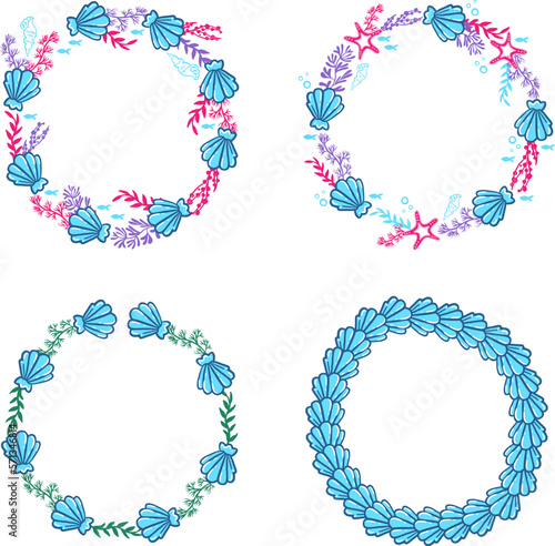 Isolated round set frame of little cute smiling cartoon mermaid girls, fish, seashells, starfishes and bubbles in the Scandinavian style. For kids and toddler designs. Copy space. Vector.