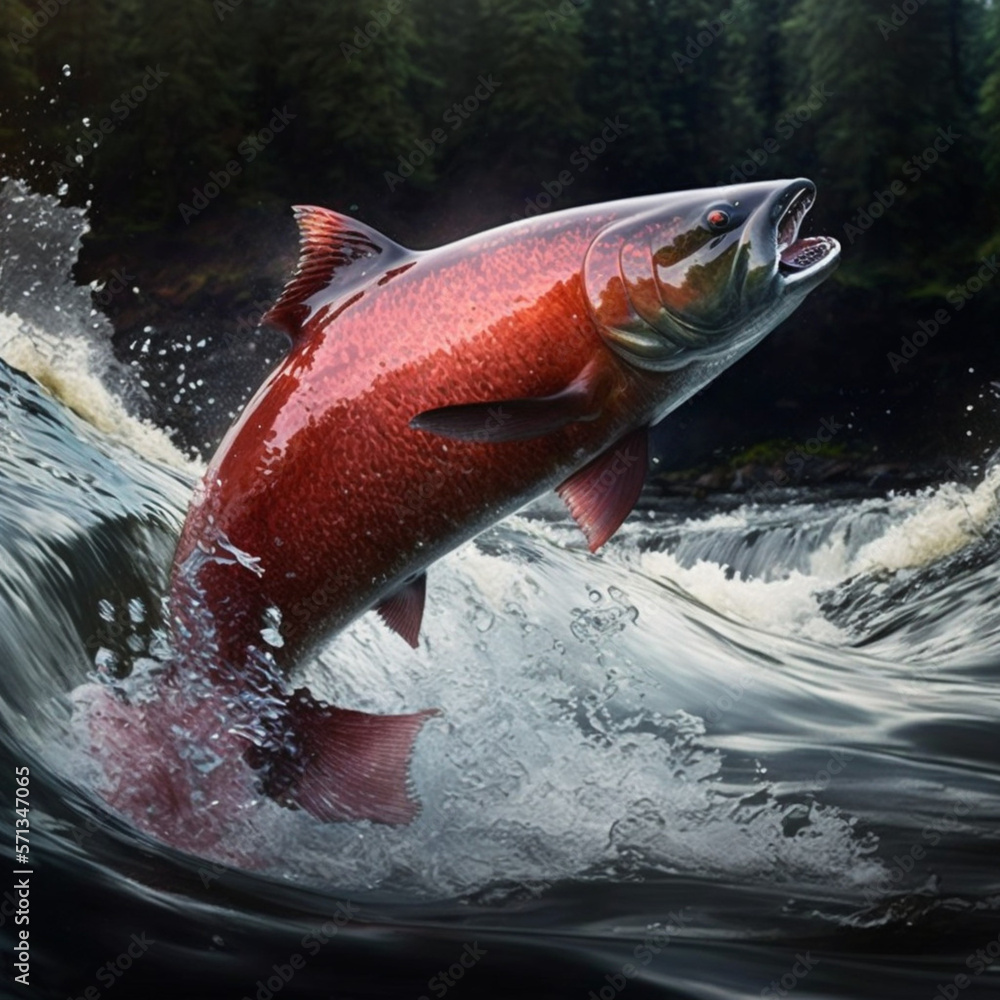 Fototapeta premium Salmon jumping in the sea. Generative AI.