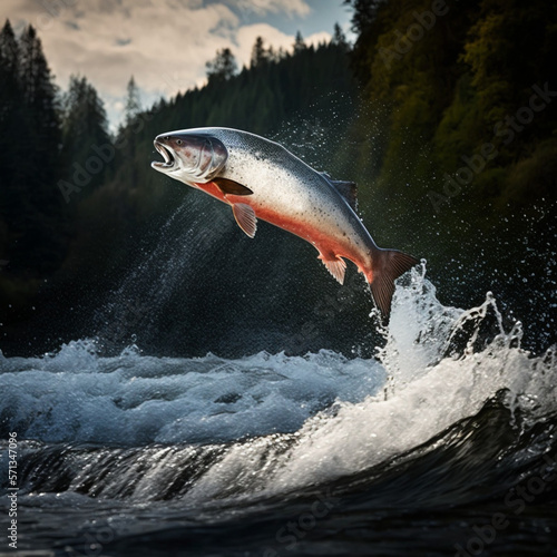 Salmon jumping in the sea. Generative AI.