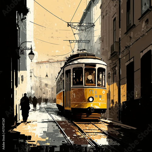 Illustration of a tram in Lisbon. Generative AI.