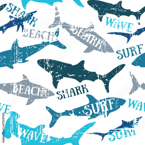 Sharks silhouettes seamless pattern. Urban pattern. Pattern with abstract shark symbols, design elements. Can be used for invitations, greeting cards, scrapbooking, print, textile, manufacturing.
