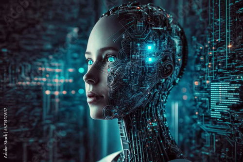 Ai robot or android machine digital technology concept idea. Neural network artificial intelligence. Ai generated