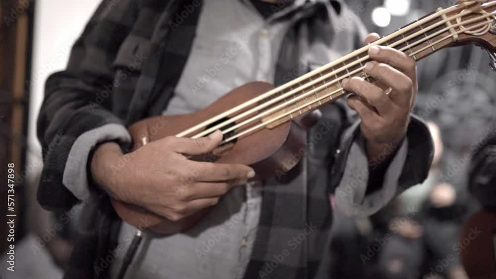 A mexican male musician playing a bass jarana guitar in a traditional music jam session A mexican male musician playing a bass jarana guitar in a traditional music jam session