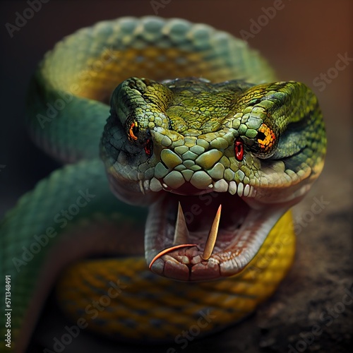 Green snake with open mouth. Front view.