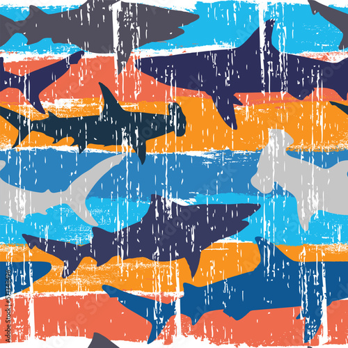 Abstract seamless pattern with sharks. Grunge colored background for textiles. fabric, web, wrapping paper, bed linen. clothes.