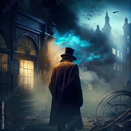Person with coat and top hat standing in mystery city at night. Back turned.