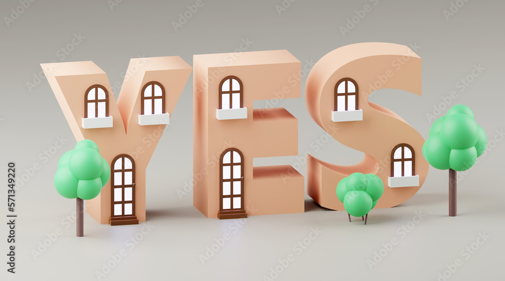 Luxury inscription Yes on grey podium, soft light, smooth background, 3d rendering Luxury inscription Yes on grey podium, soft light, smooth background, 3d rendering