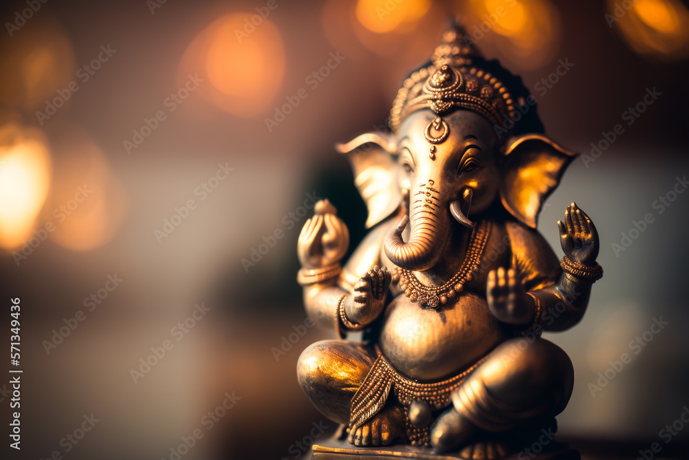 Fototapeta premium Ganesha, hindu elephant statue with golden bokeh. Generative Ai. 