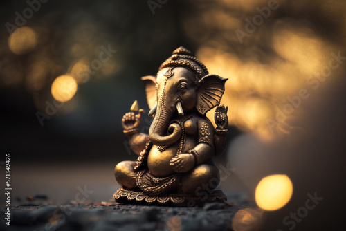 Ganesha, hindu elephant statue with golden bokeh. Generative Ai. 