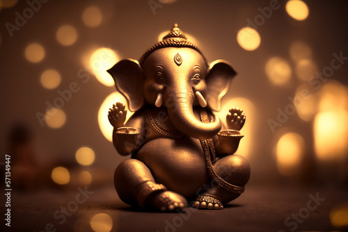 Ganesha, hindu elephant statue with golden bokeh. Generative Ai. 