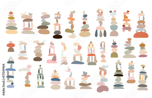 Zen stones cairns set simple abstract flat style vector illustration, relax, meditation and yoga concept, boho colors stone pyramid for making banners, posters, cards, prints, wall art