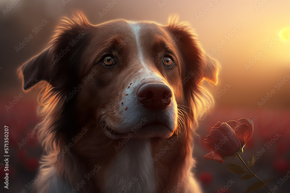 cão ccom olhar fofo e cativante com flor  no por do sol 