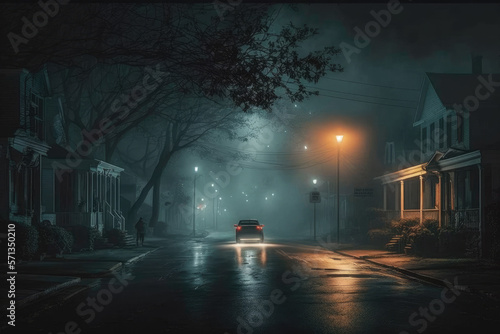 cinematic shot of night on a scary street with fog made by generative ai