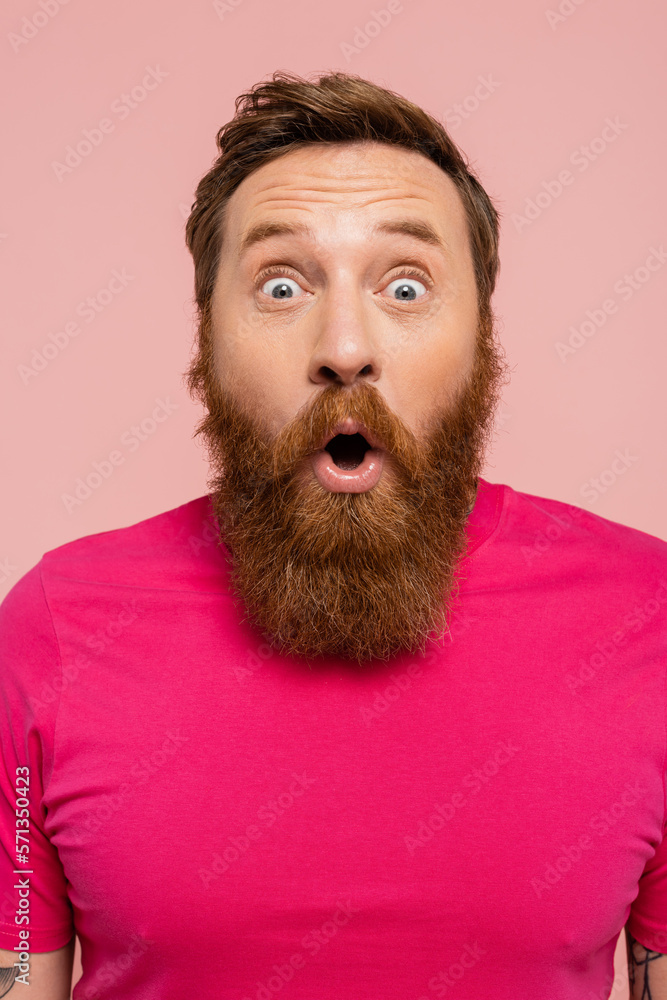 amazed bearded man with open mouth looking at camera isolated on pink. amazed bearded man with open mouth looking at camera isolated on pink.