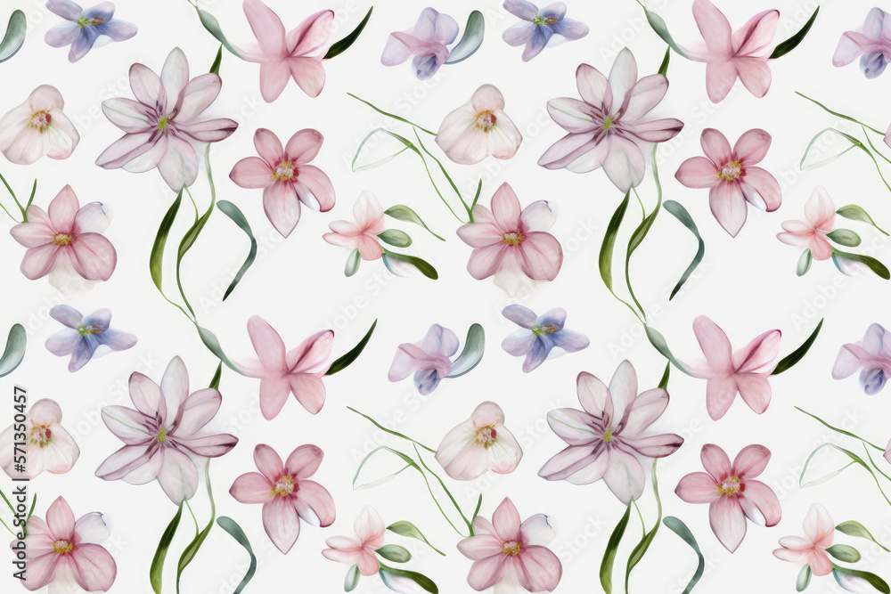 repeating pattern of watercolor flowers with a white background made by generative ai