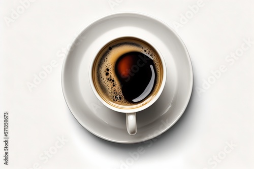 A cup of coffee is shown in top view, isolated on a white background. Generative AI