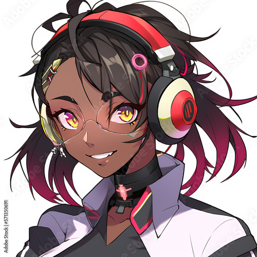 Avatar anime illustration of a smart-looking young women gamer, sporting glasses and a headset as he plays his favorite video game. Generative AI