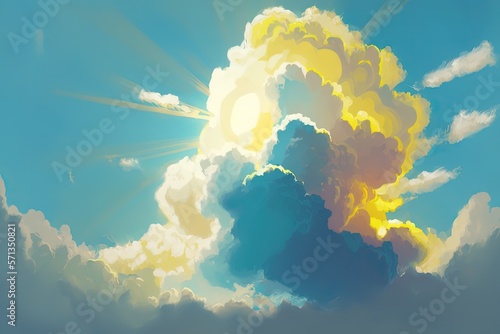 The sun is shining, the sky is blue, there are small and large clouds alternately moving slowly, the sunlight is passing, and an amazing abstract shape is created. It is also a hot day. Generative AI