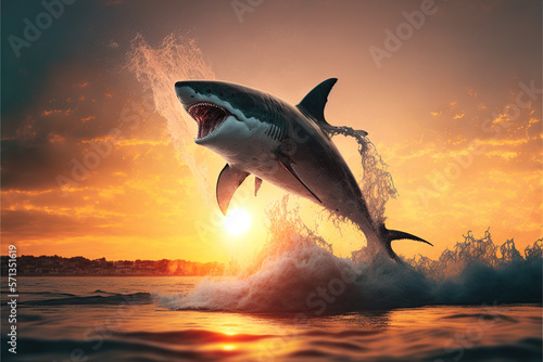 Ilustración de un tiburón en el aire saltando desde el agua con un atardecer de fondo, Generative AI © Enrique Micaelo 