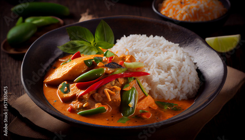 A delicious dish of Thai food, with red curry and jasmine rice generative AI photo