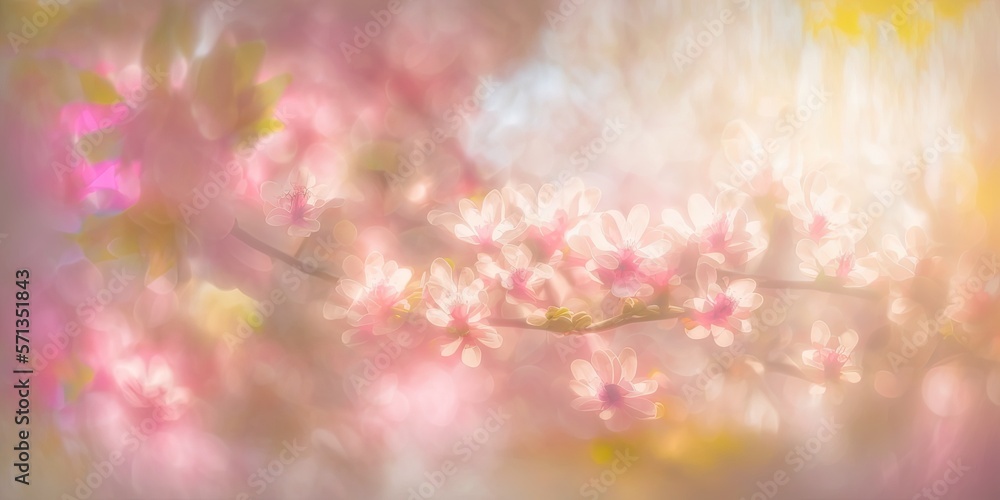 pink flower border or background art for spring. Beautiful natural scene with sun flare and a blossoming tree. Sunny Easter Sunday. springtime blooms Background of Beautiful Orchard Abstract blur. Spr