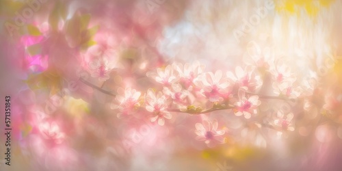 pink flower border or background art for spring. Beautiful natural scene with sun flare and a blossoming tree. Sunny Easter Sunday. springtime blooms Background of Beautiful Orchard Abstract blur. Spr