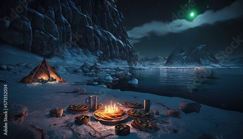  a campfire in the middle of a snowy field with a tent in the background and a glowing green moon in the sky above it. generative ai
